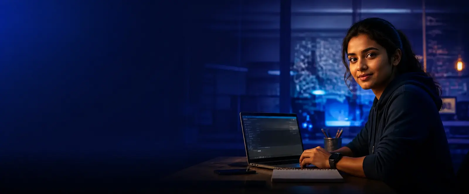 An engineering student building on a laptop in a campus lab at night