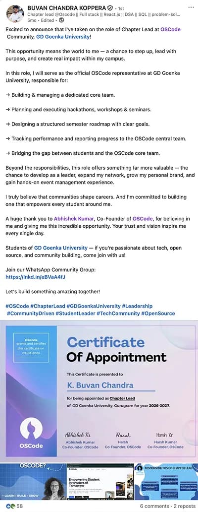 LinkedIn post from an OSCode chapter lead