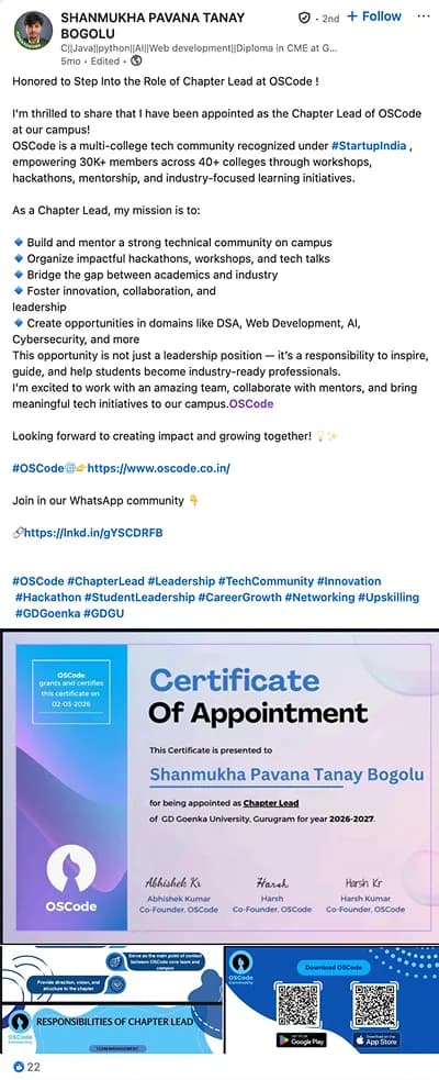 LinkedIn post from an OSCode chapter lead