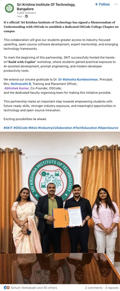 LinkedIn post from an OSCode chapter lead
