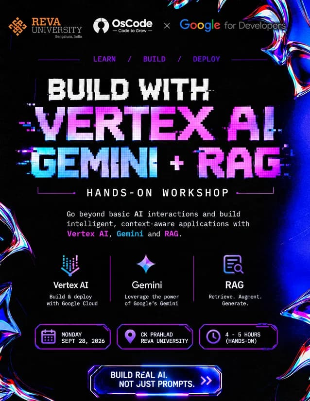 Build with Vertex AI, Gemini + RAG @REVA UNIVERSITY banner